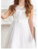 Ivory Pearl Beaded Lace Tulle V Back Flower Girl Dress